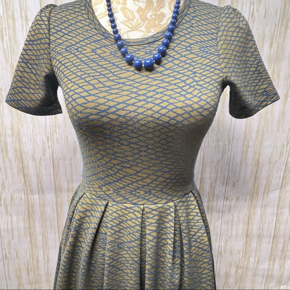 LuLaRoe Amelia Dress w/ Pockets, Zipper Back Blue & Olive Geometric Design - Picture 2 of 16